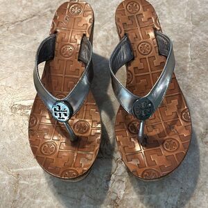 Tory Burch Pewter Cork Wedge Sandals